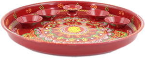 Pooja Thali with Five Diyas (Red)